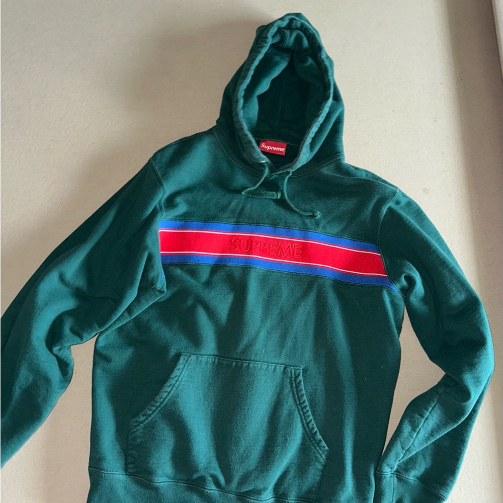 Supreme Forest Green Hoodie with Red Stripe